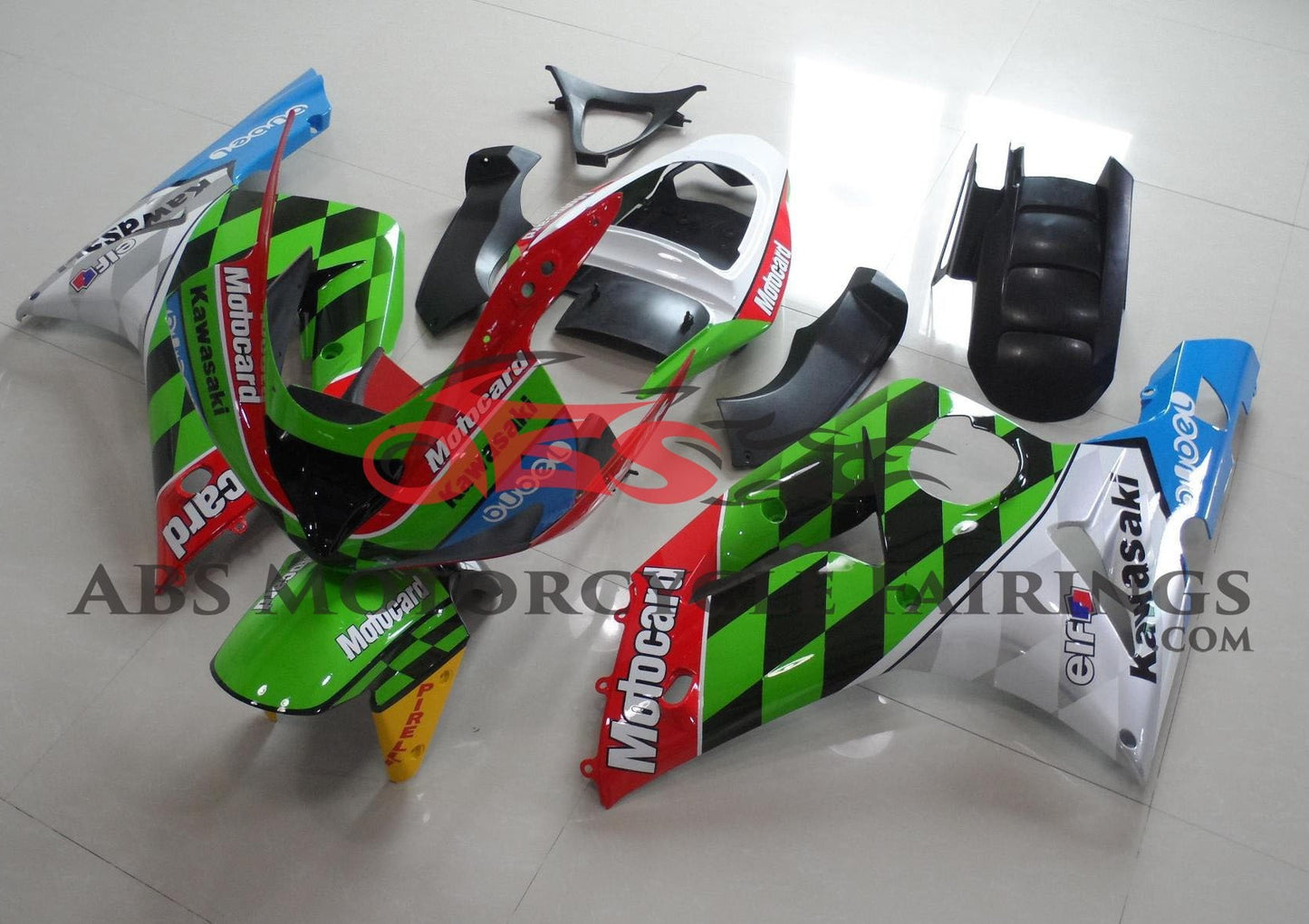 Kawasaki ZX6R Fairings (2003-2004) Green, Black, Red, White, Blue Motocard at KingsMotorcycleFairings.com