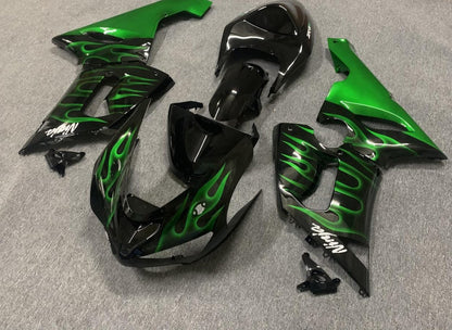Kawasaki ZX6R Fairings (2005-2006) Black, Green Flames at KingsMotorcycleFairings.com