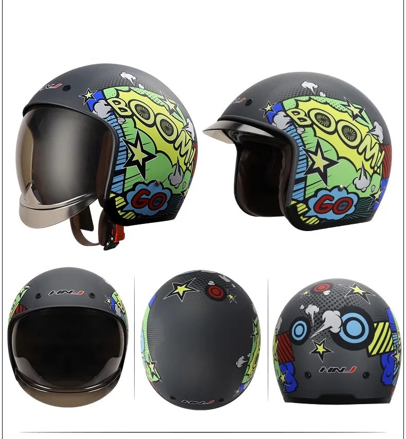 Matte Black, Yellow, Green and Blue Boom Retro Motorcycle Helmet is brought to you by KingsMotorcycleFairings.com