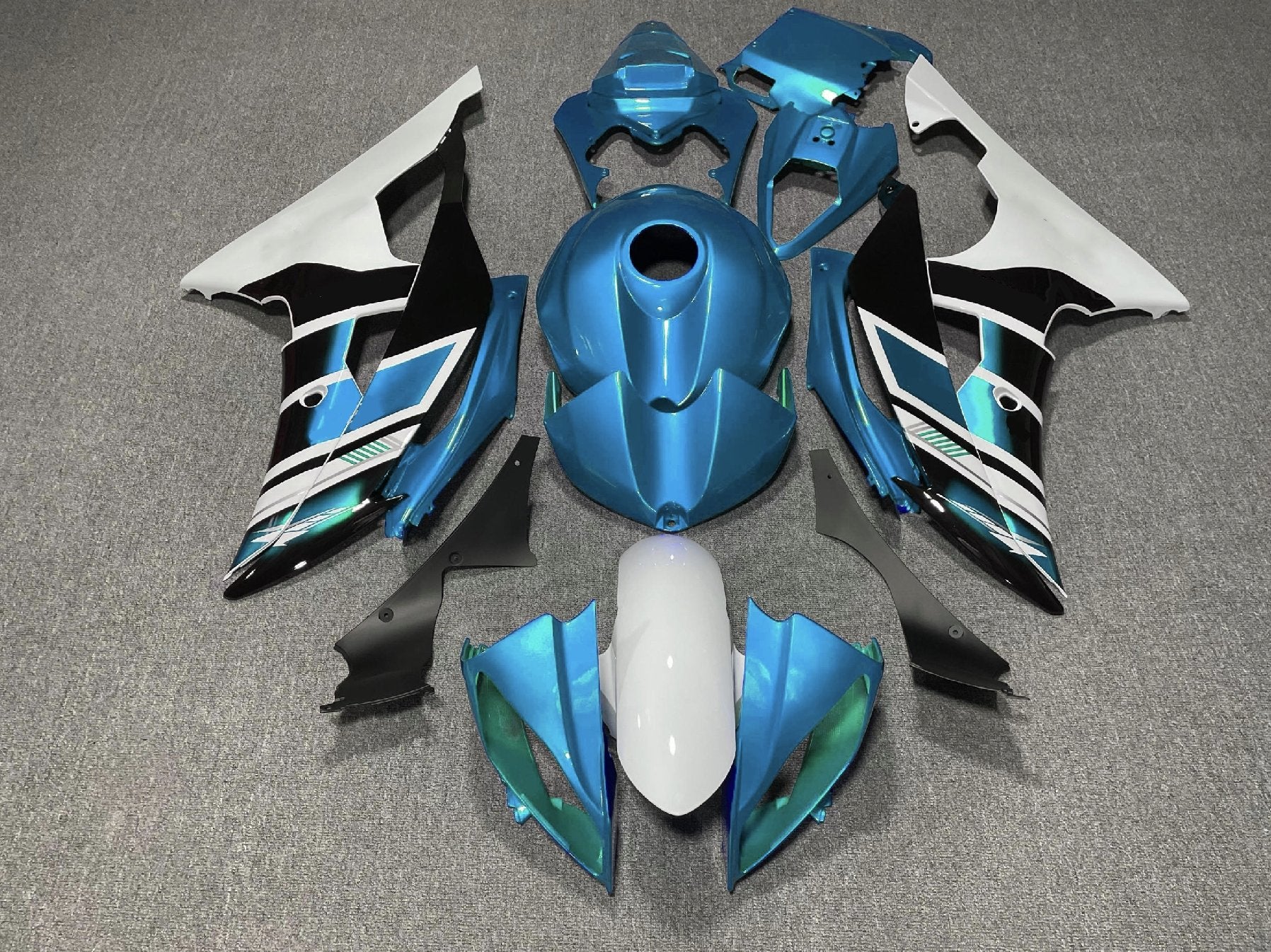 Light Blue, White and Black Fairing Kit for a 2008, 2009, 2010, 2011, 2012, 2013, 2014, 2015 & 2016 Yamaha YZF-R6 motorcycle