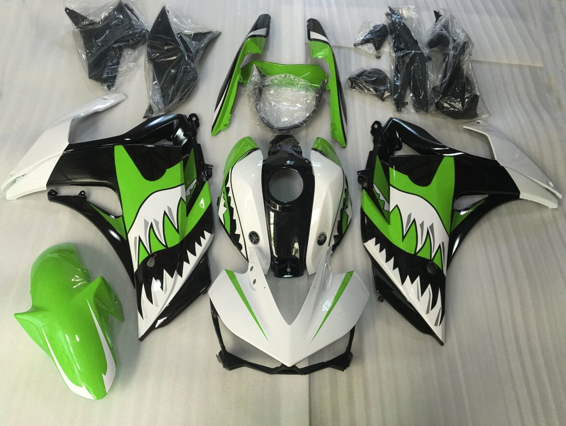 White, Green and Black Shark Teeth Fairing Kit for a Yamaha YZF-R3 2015, 2016, 2017 & 2018 motorcycle
