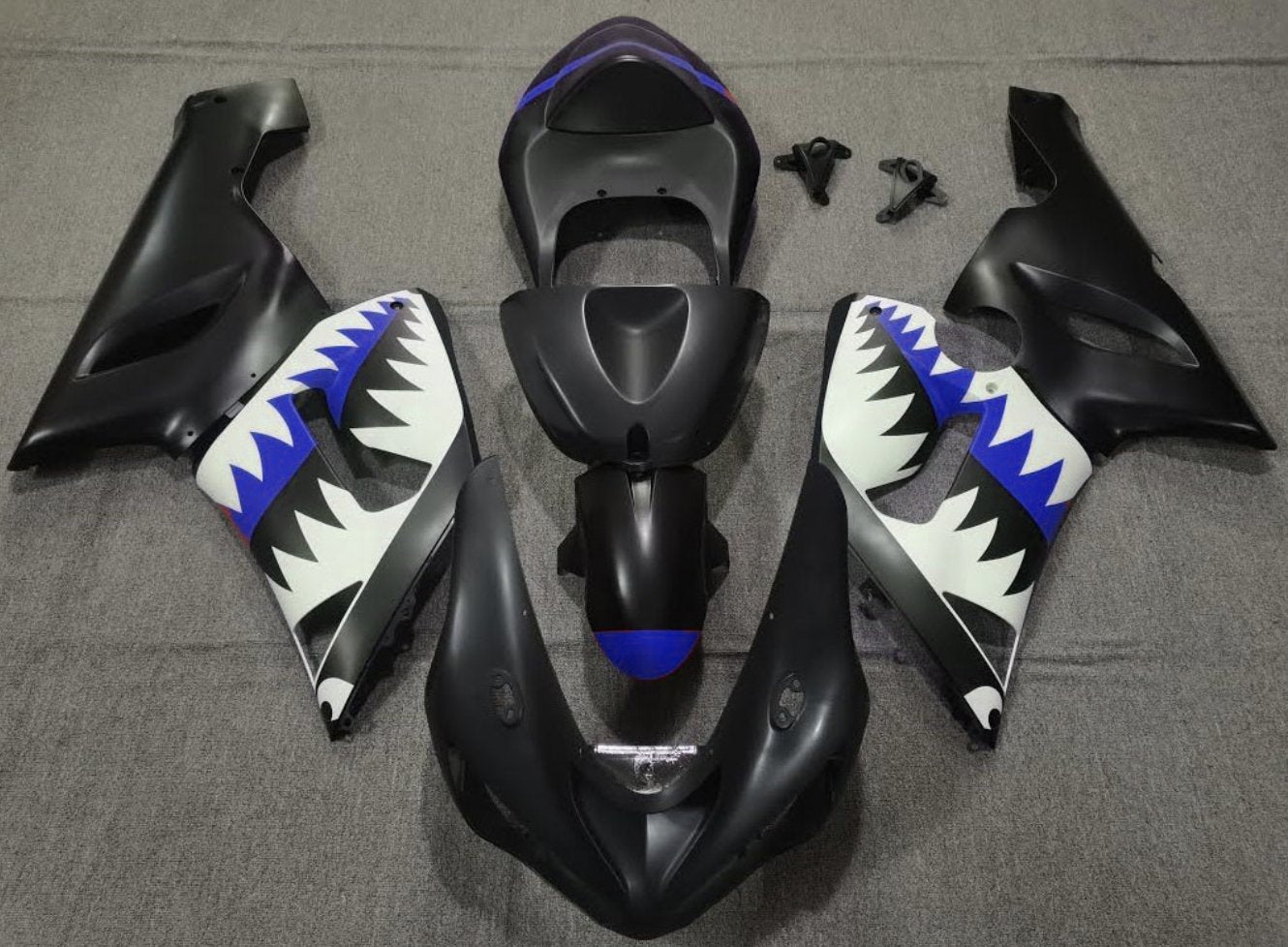 Matte Black, White and Blue Shark Fairing Kit for a 2005 & 2006 Kawasaki ZX-6R 636 motorcycle