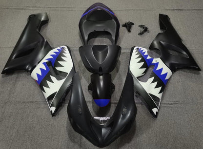 Matte Black, White and Blue Shark Fairing Kit for a 2005 & 2006 Kawasaki ZX-6R 636 motorcycle