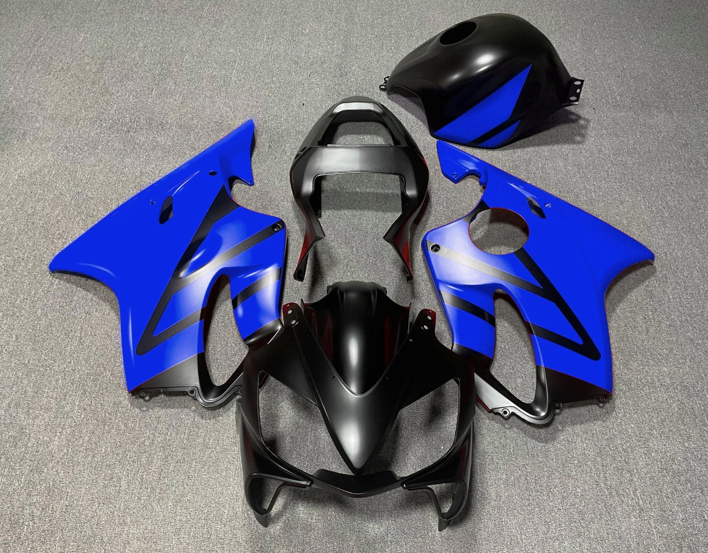 Matte Black and Blue Fairing Kit for a 2001, 2002, 2003 Honda CBR600F4i motorcycle