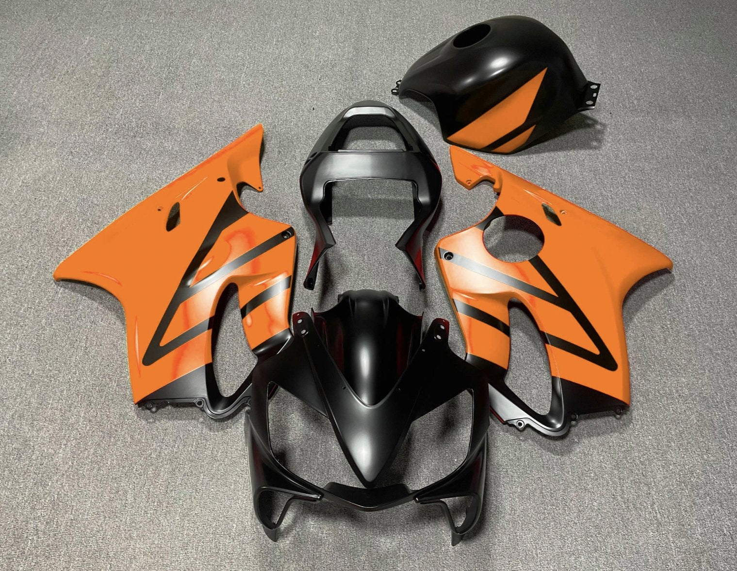 Matte Black and Orange Fairing Kit for a 2001, 2002, 2003 Honda CBR600F4i motorcycle