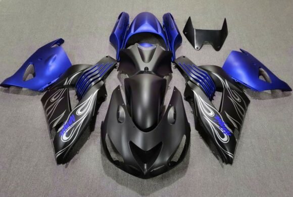 Matte Black, Matte Blue and Matte Silver Flame Fairing Kit for a 2006, 2007, 2008, 2009, 2010 & 2011 Kawasaki Ninja ZX-14R motorcycle.