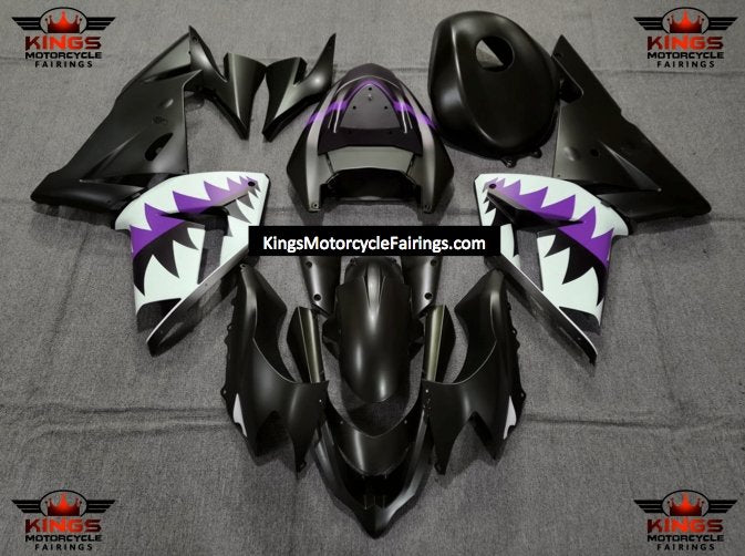 Matte Black, Purple and White Shark Teeth Fairing Kit for a 2004 & 2005 Kawasaki ZX-10R motorcycle