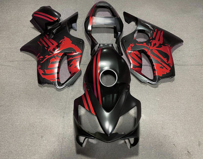 Matte Black and Red Skull Fairing Kit for a 2001, 2002, 2003 Honda CBR600F4i motorcycle