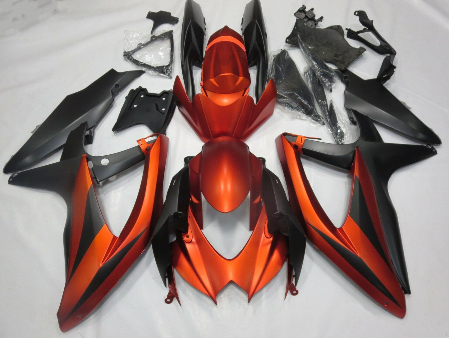 Matte Orange and Matte Black Fairing Kit for a 2008, 2009, & 2010 Suzuki GSX-R600 motorcycle