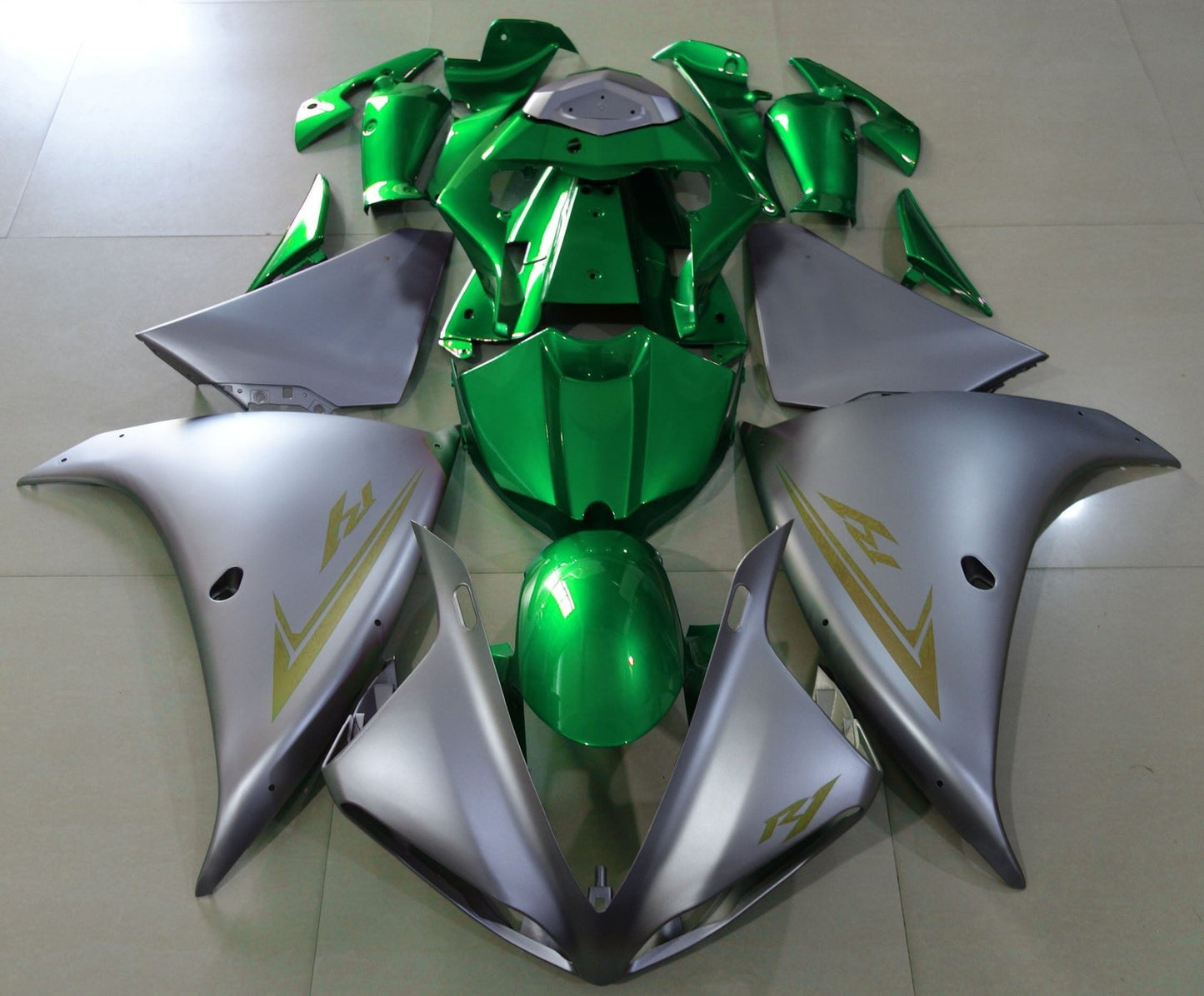 Matte Silver, Gold and Green Fairing Kit for a 2009, 2010 & 2011 Yamaha YZF-R1 motorcycle