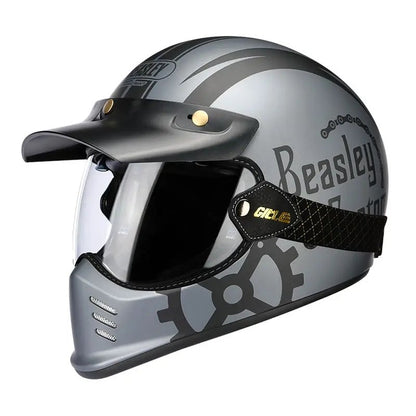Matte Silver and Black Skull & Gear Beasley Open-Face Motorcycle Helmet is brought to you by KingsMotorcycleFairings.com