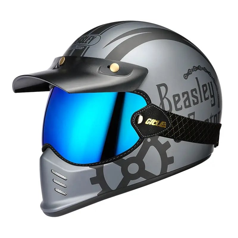 Matte Silver and Black Skull & Gear Beasley Open-Face Motorcycle Helmet is brought to you by KingsMotorcycleFairings.com