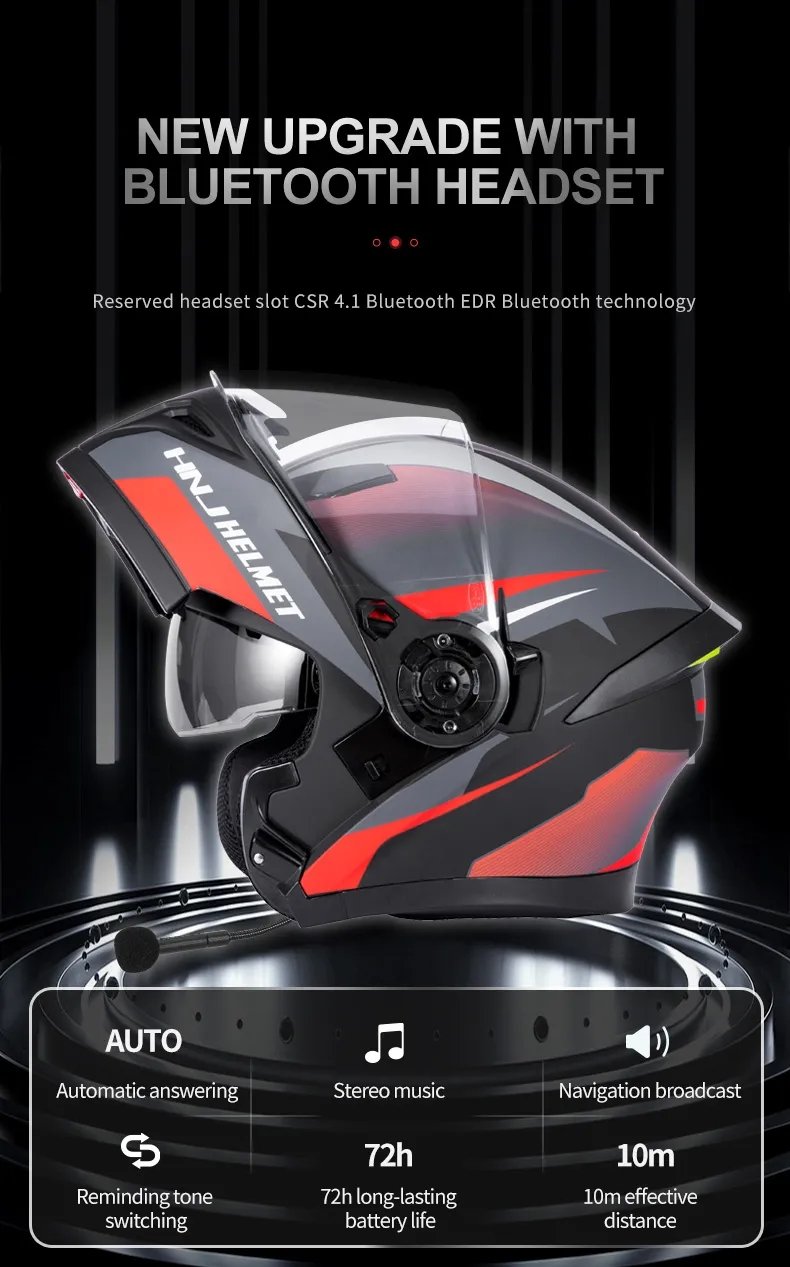 Matte Black, Red and Silver HNJ Modular Full-Face Motorcycle Helmet by KingsMotorcycleFairings.com