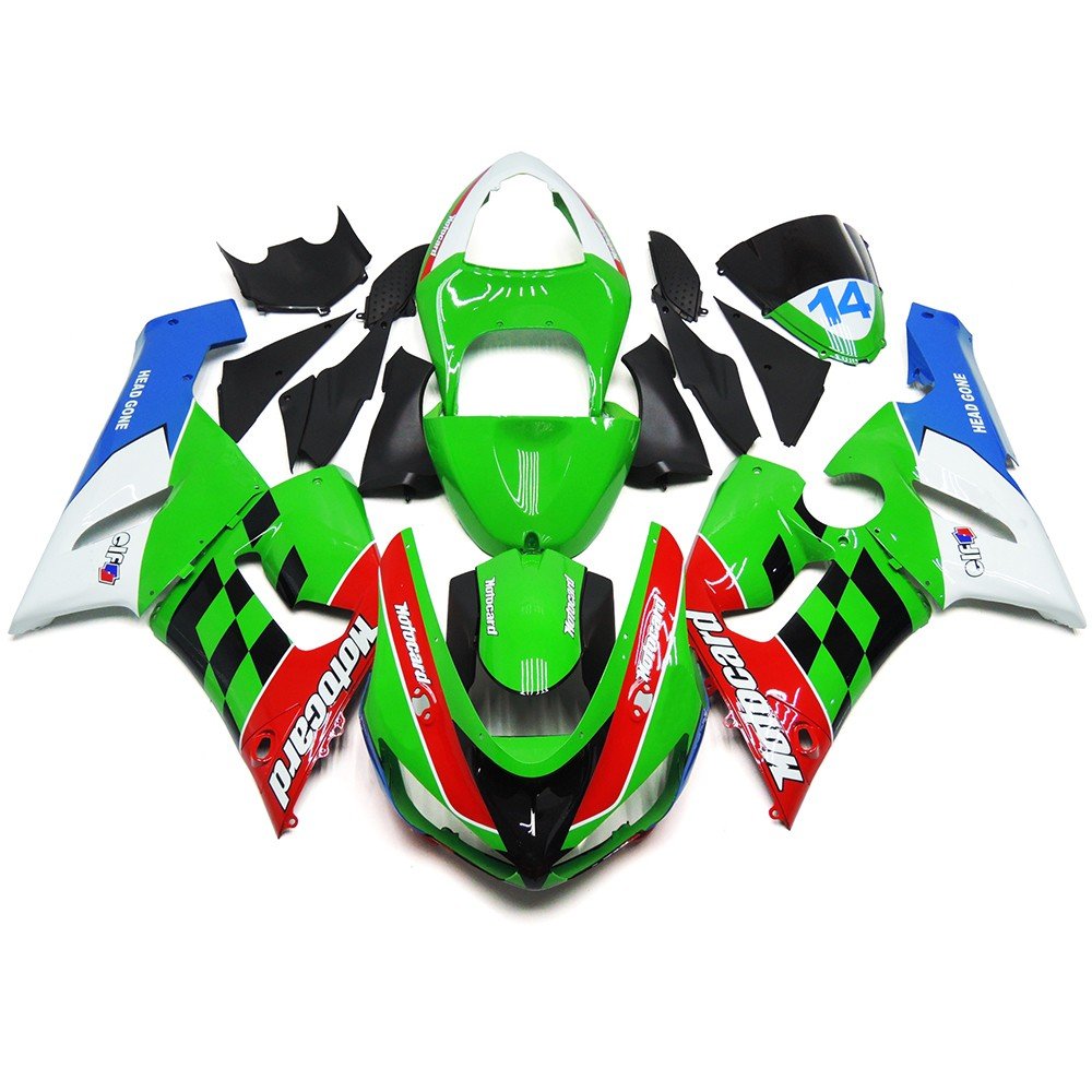 Green, Red, Black, White and Blue Motocard Fairing Kit for a 2005 & 2006 Kawasaki ZX-6R 636 motorcycl