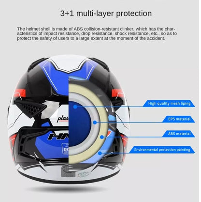 The White, Black, Red & Blue HNJ Full-Face Motorcycle Helmet is brought to you by Kings Motorcycle Fairings