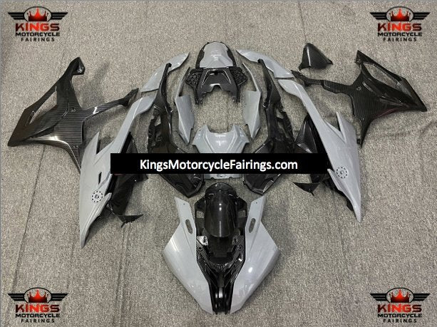 Nardo Gray and Faux Carbon Fiber Fairing Kit for a 2019 to 2021 BMW S1000RR motorcycle from Kings Motorcycle Fairings