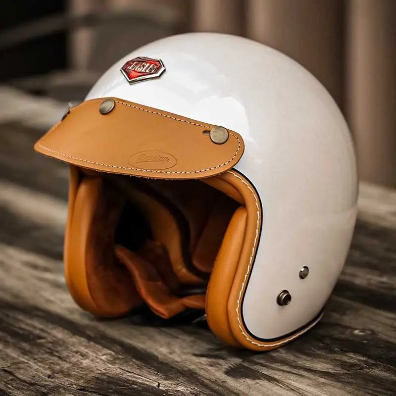 Pearl White & Leather Open Face 3/4 Beasley Motorcycle Helmet is brought to you by KingsMotorcycleFairings.com