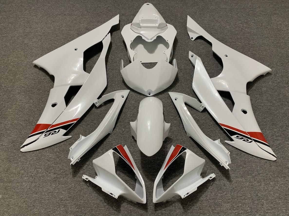 Pearl White, Black and Red Fairing Kit for a 2008, 2009, 2010, 2011, 2012, 2013, 2014, 2015 & 2016 Yamaha YZF-R6 motorcycle