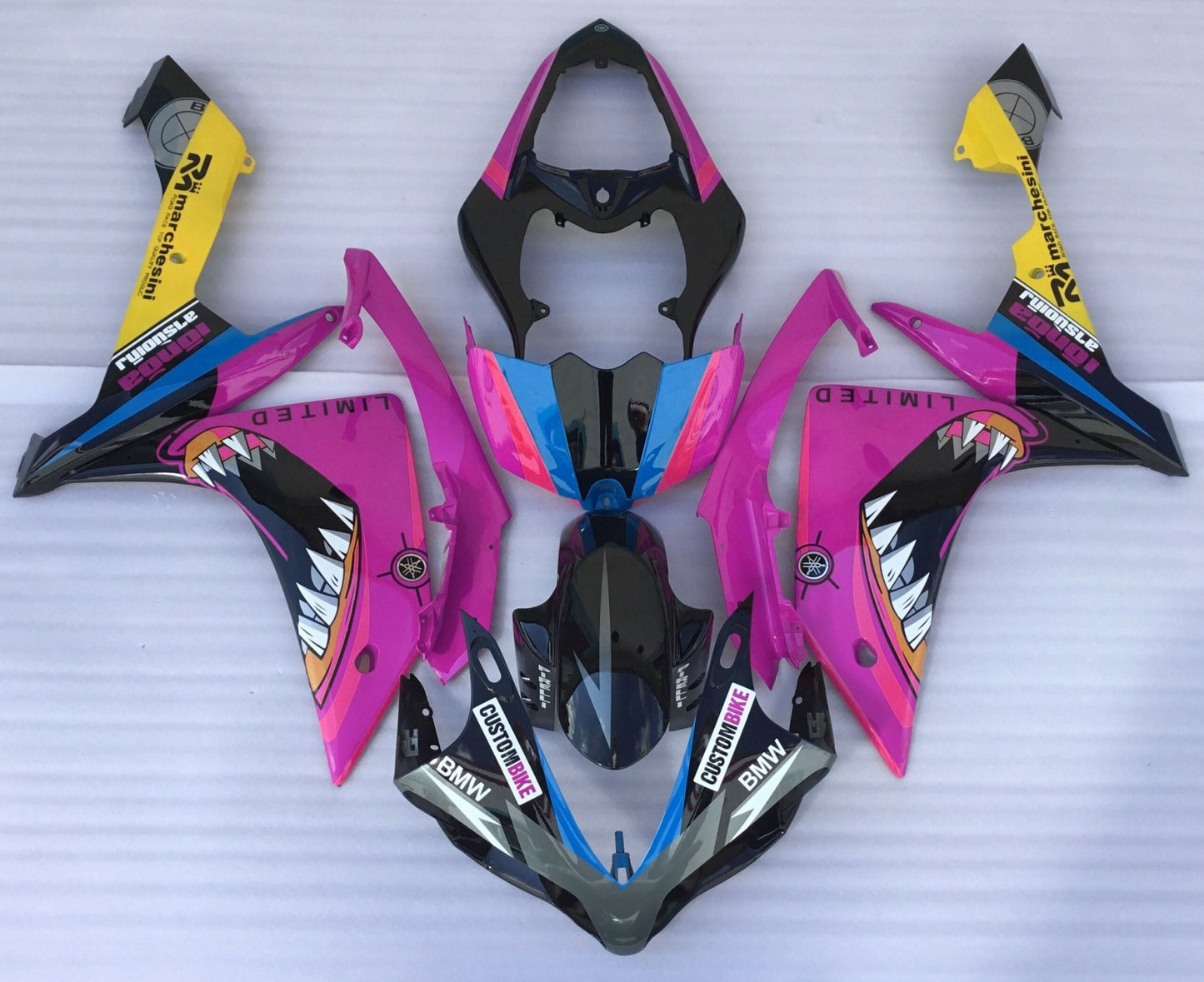 Black and Pink Shark Teeth Fairing Kit for a 2007 & 2008 Yamaha YZF-R1 motorcycle