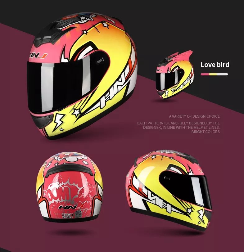 The Pink and Yellow Love Bird HNJ Full-Face Motorcycle Helmet with Horns & Braids is brought to you by Kings Motorcycle Fairings