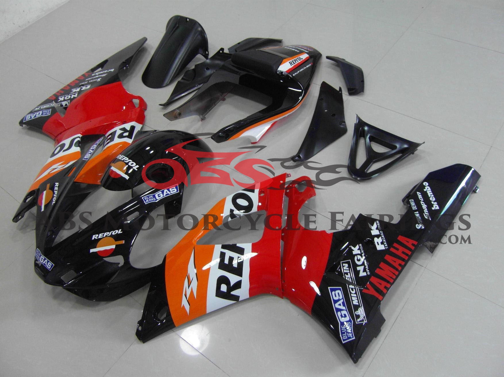 Orange, Red and Black Repsol Fairing Kit for a 2000 & 2001 Yamaha YZF-R1 motorcycle