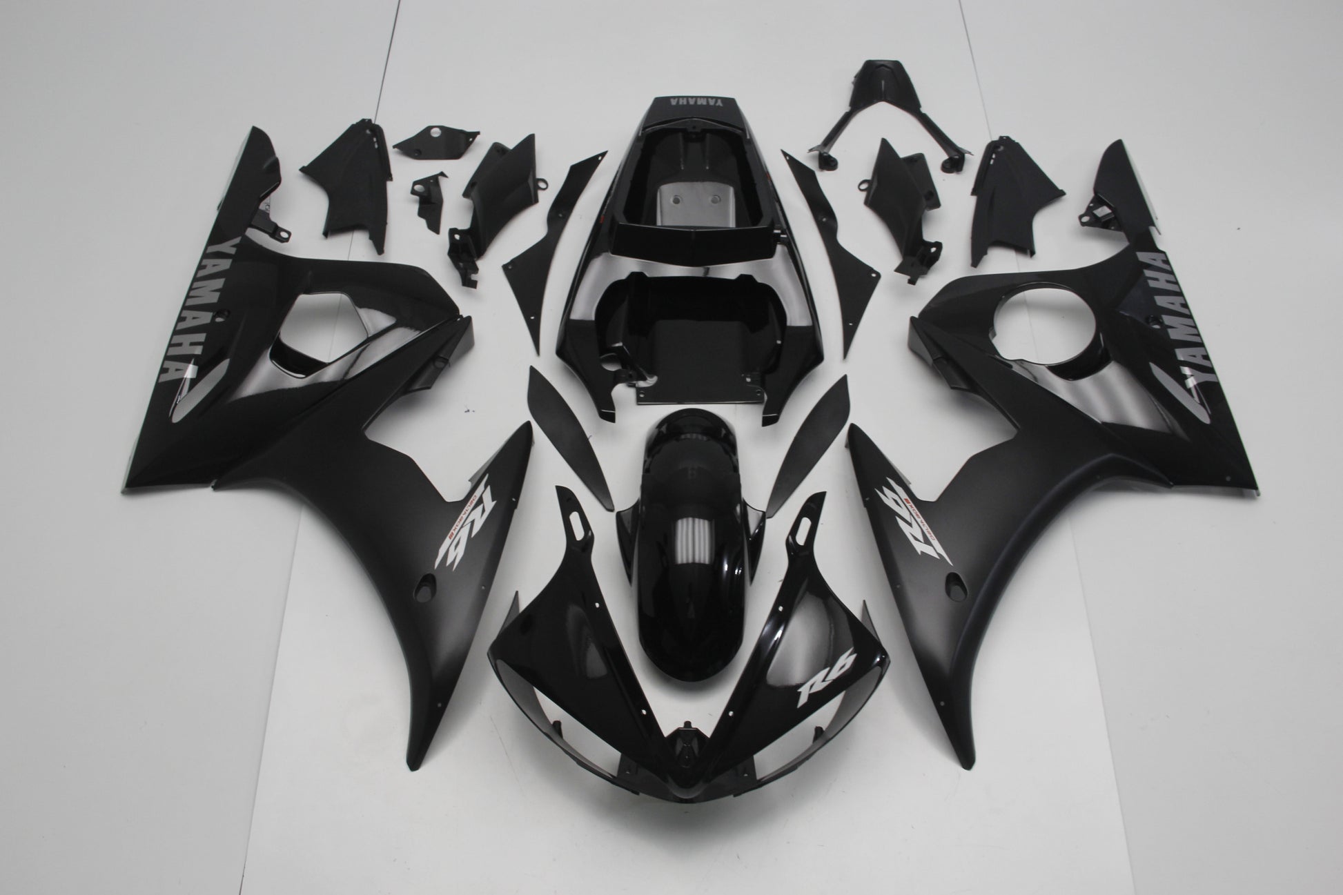 Gloss Black, Matte Black and Silver Fairing Kit for a 2005 Yamaha YZF-R6 motorcycle.