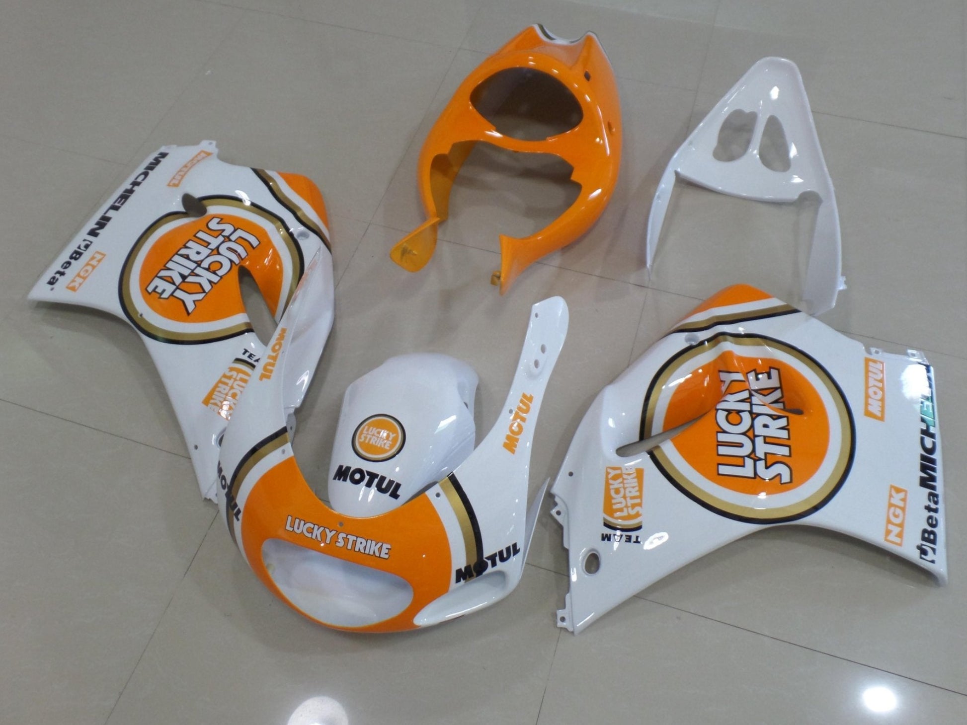 Suzuki RGV250 VJ22 Fairings (1991-1996) White, Orange Lucky Strike from KingsMotorcycleFairings.com