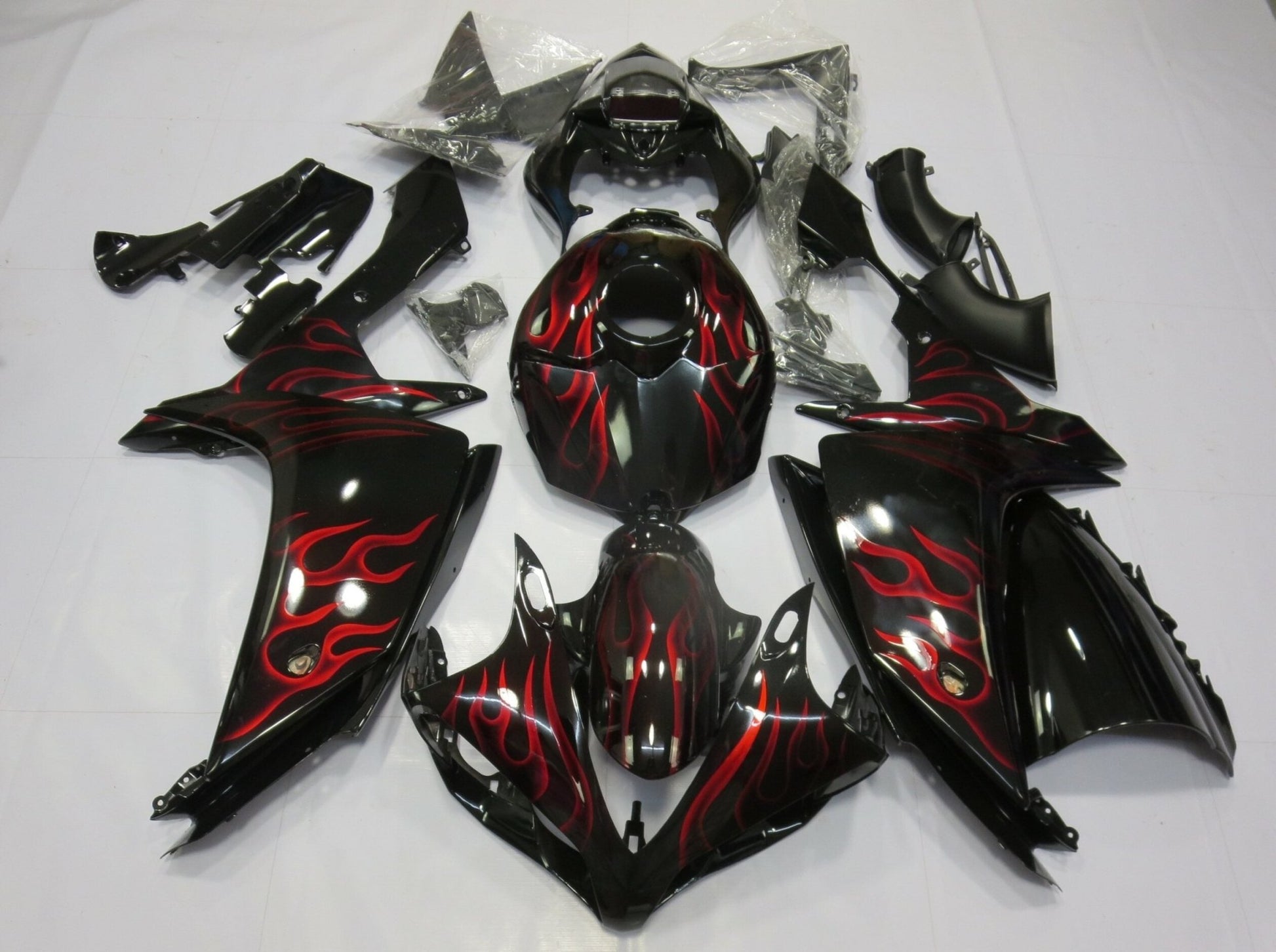 Black and Red Flames Fairing Kit for a 2007 & 2008 Yamaha YZF-R1 motorcycle