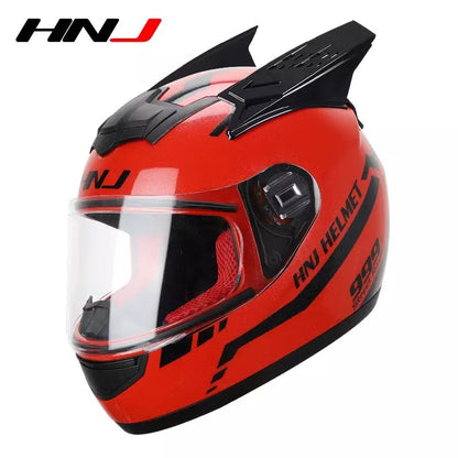 The Red and Black Warrior 999 HNJ Full-Face Motorcycle Helmet with Horns is brought to you by Kings Motorcycle Fairings