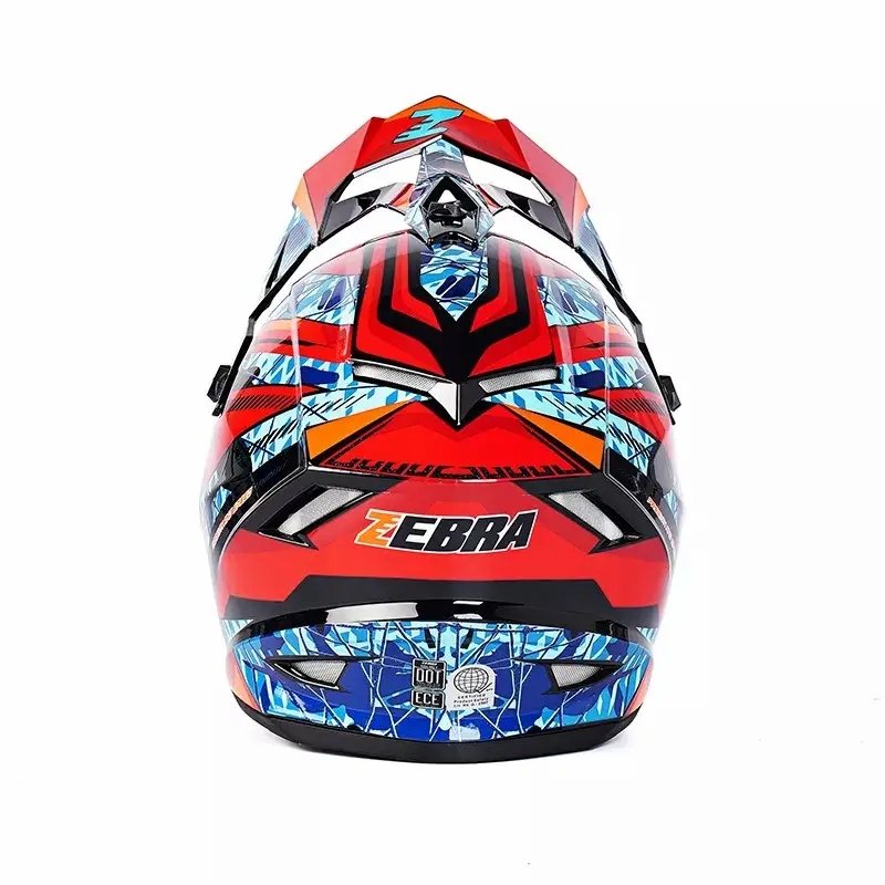 Red, Blue, Black, Orange and Green Zebra Dirt Bike Motorcycle Helmet is brought to you by Kings Motorcycle Fairings - KingsMotorcycleFairings.com