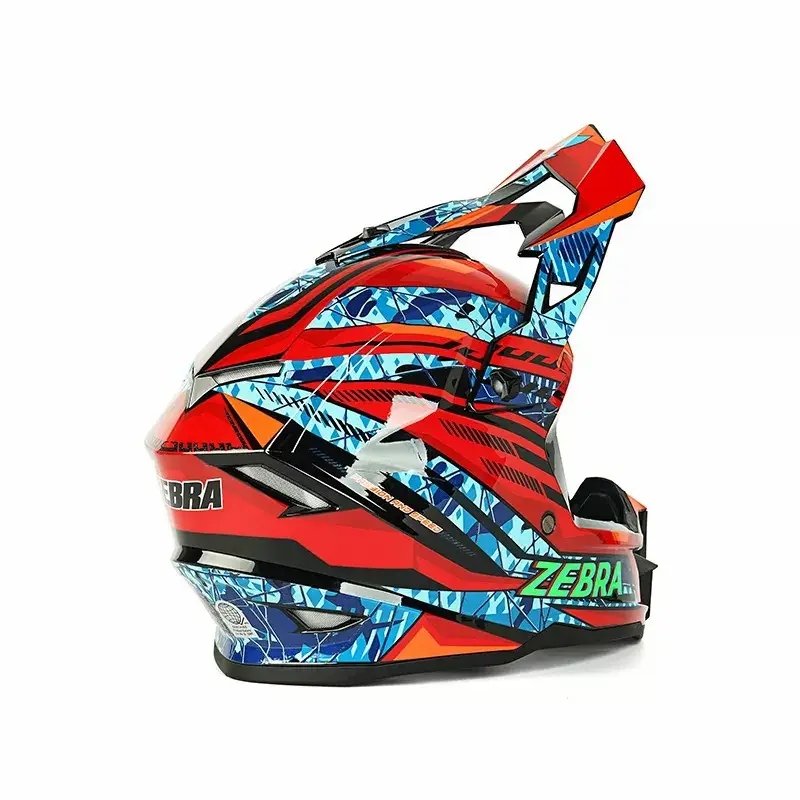 Red, Blue, Black, Orange and Green Zebra Dirt Bike Motorcycle Helmet is brought to you by Kings Motorcycle Fairings - KingsMotorcycleFairings.com