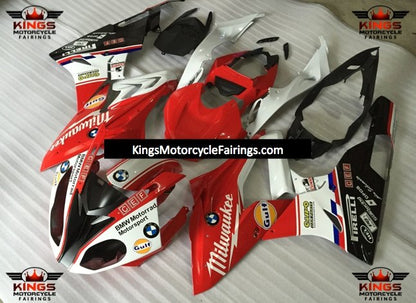 Red, White and Black Milwaukee Fairing Kit for a 2015 and 2016 BMW S1000RR motorcycle