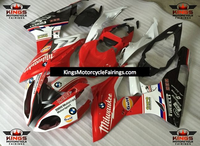 Red, White and Black Milwaukee Fairing Kit for a 2017 and 2018 BMW S1000RR motorcycle