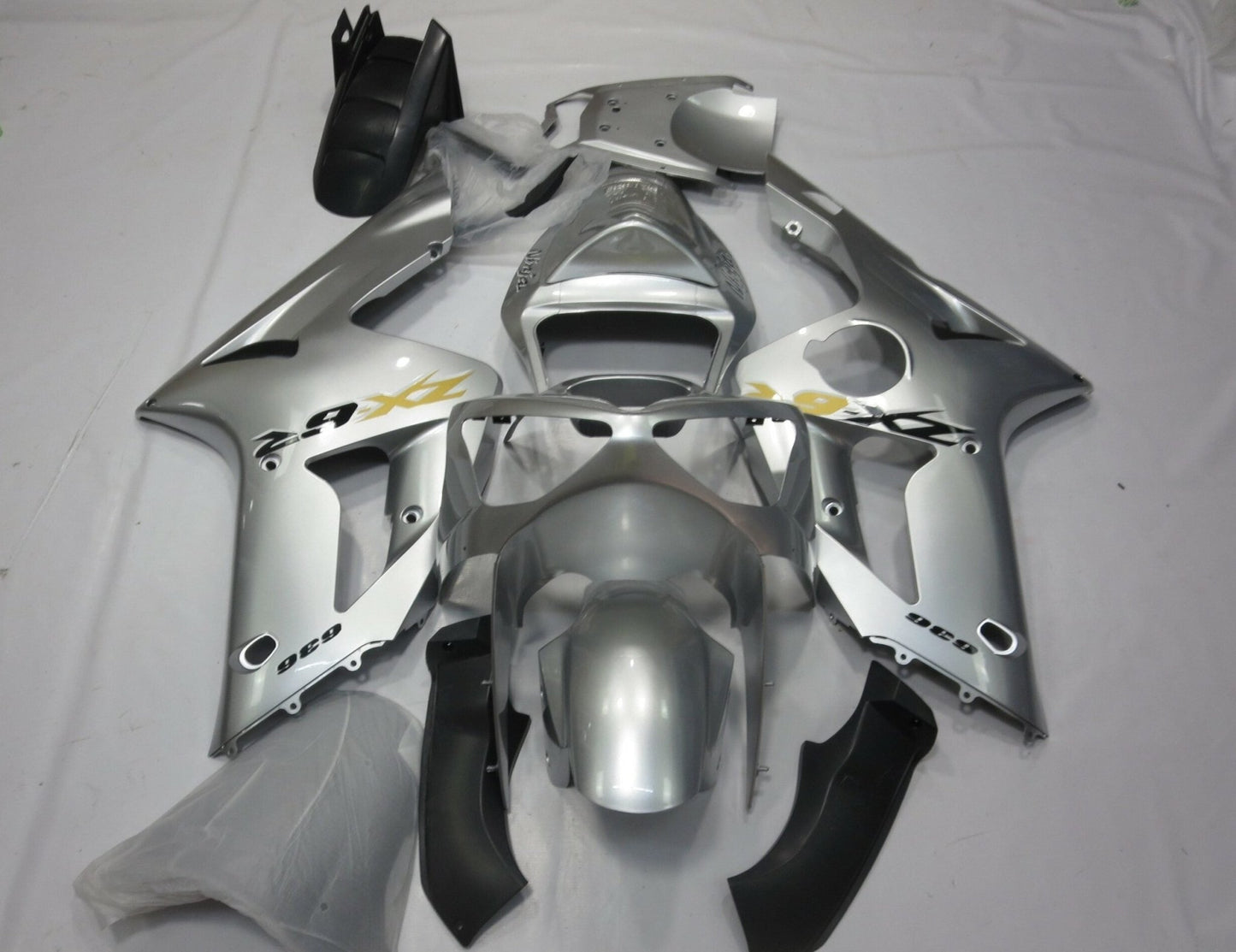 Silver, Black and Yellow Fairing Kit for a 2003 & 2004 Kawasaki ZX-6R 636 motorcycle