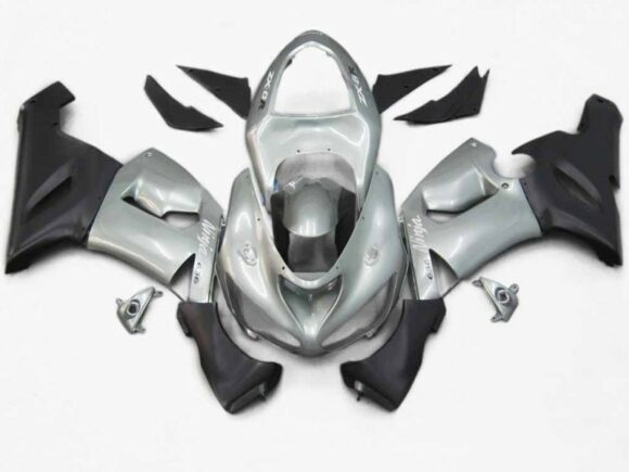 Silver and Matte Black Fairing Kit for a 2005 & 2006 Kawasaki ZX-6R 636 motorcycle