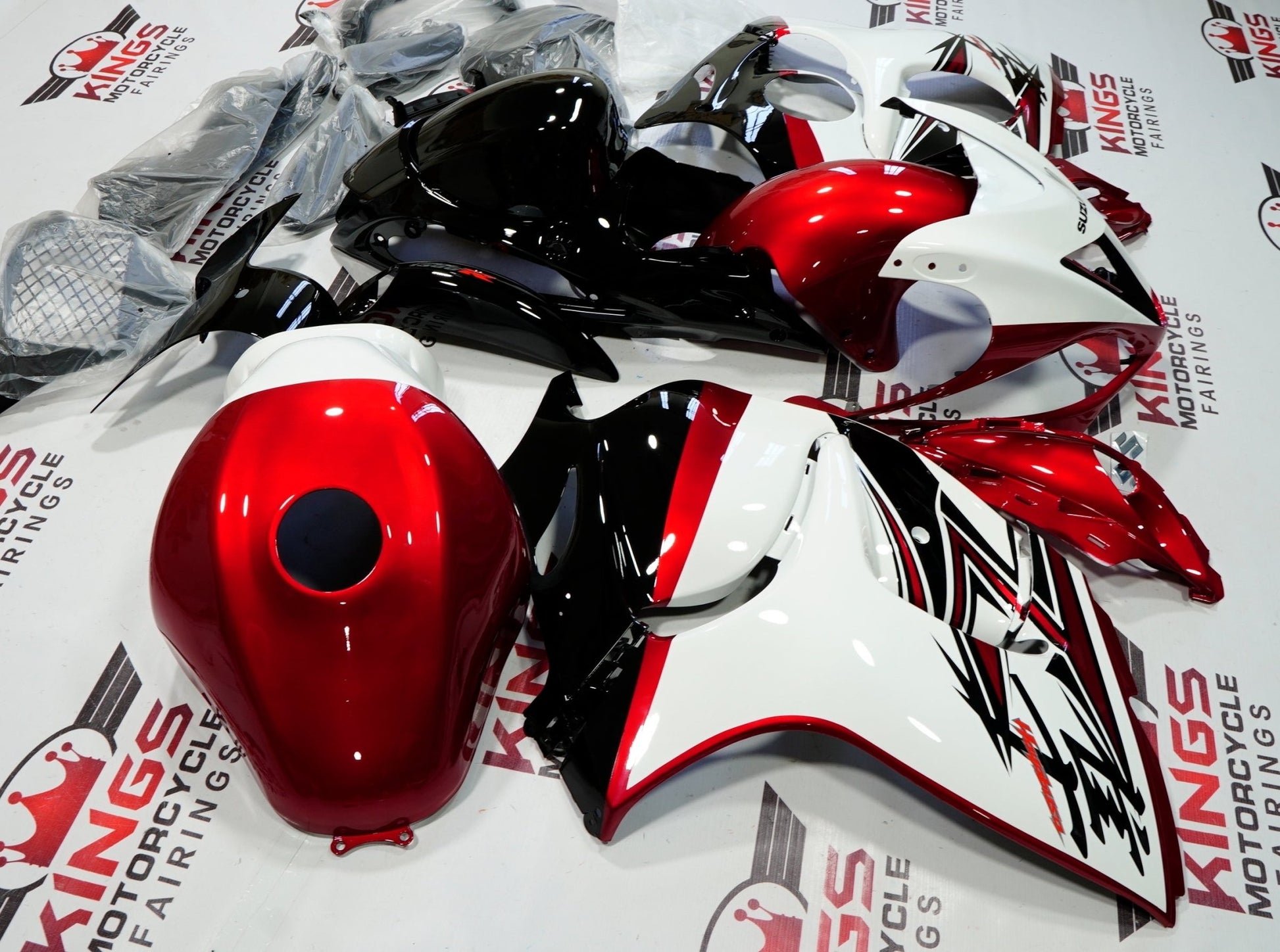 White, Candy Apple Red and Black Fairing Kit for a 2008, 2009, 2010, 2011, 2012, 2013, 2014, 2015, 2016, 2017, 2018 & 2019 Suzuki GSX-R1300 Hayabusa motorcycle