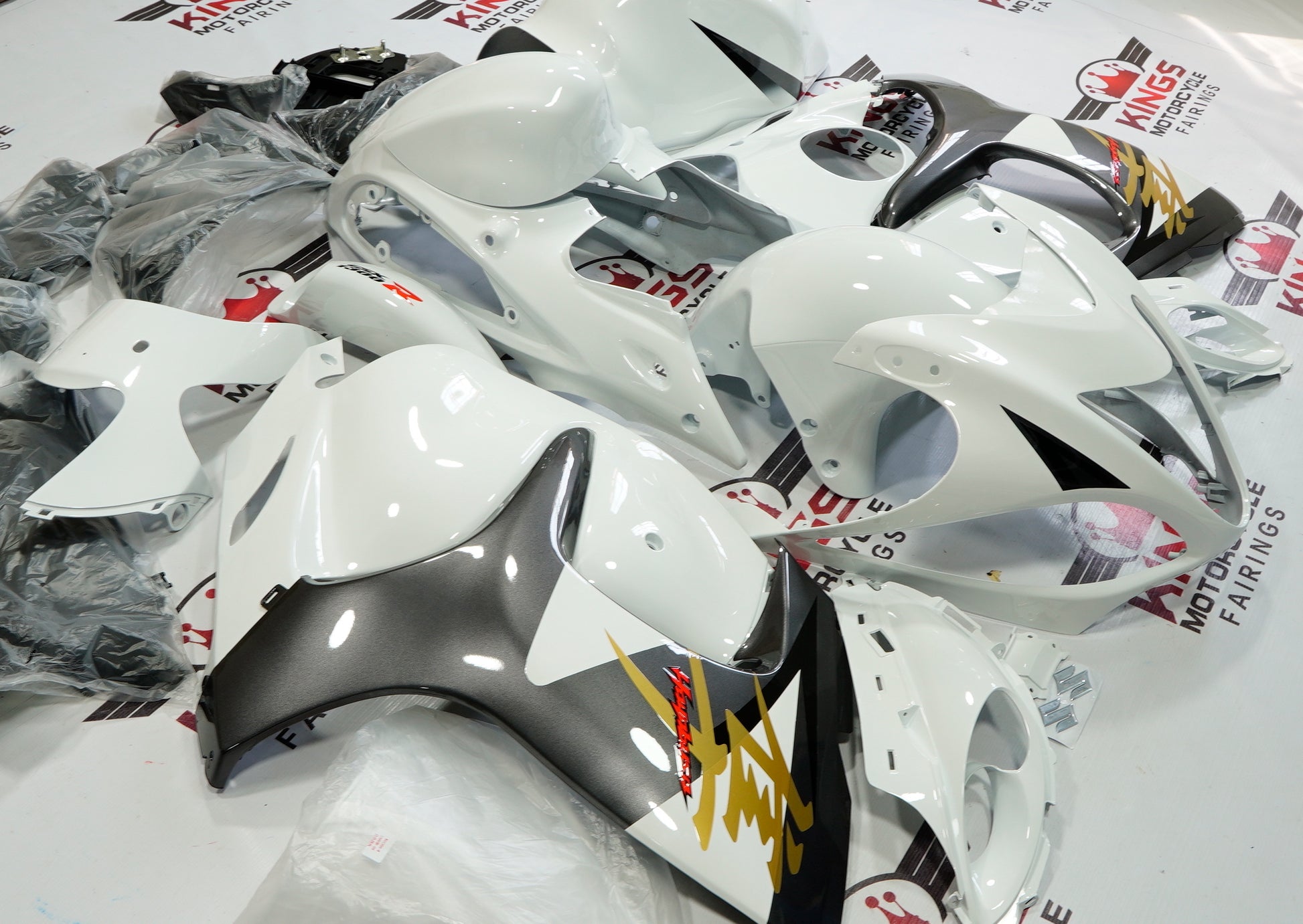 White, Dark Silver and Gold Fairing Kit for a 2008, 2009, 2010, 2011, 2012, 2013, 2014, 2015, 2016, 2017, 2018 & 2019 Suzuki GSX-R1300 Hayabusa motorcycle.