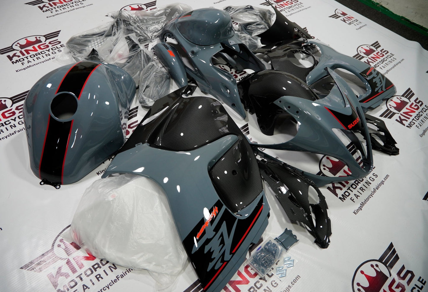 Suzuki GSX1300R Hayabusa Fairings (2008-2020) Nardo Gray, Carbon Fiber, Black, Red at KingsMotorcycleFairings.com