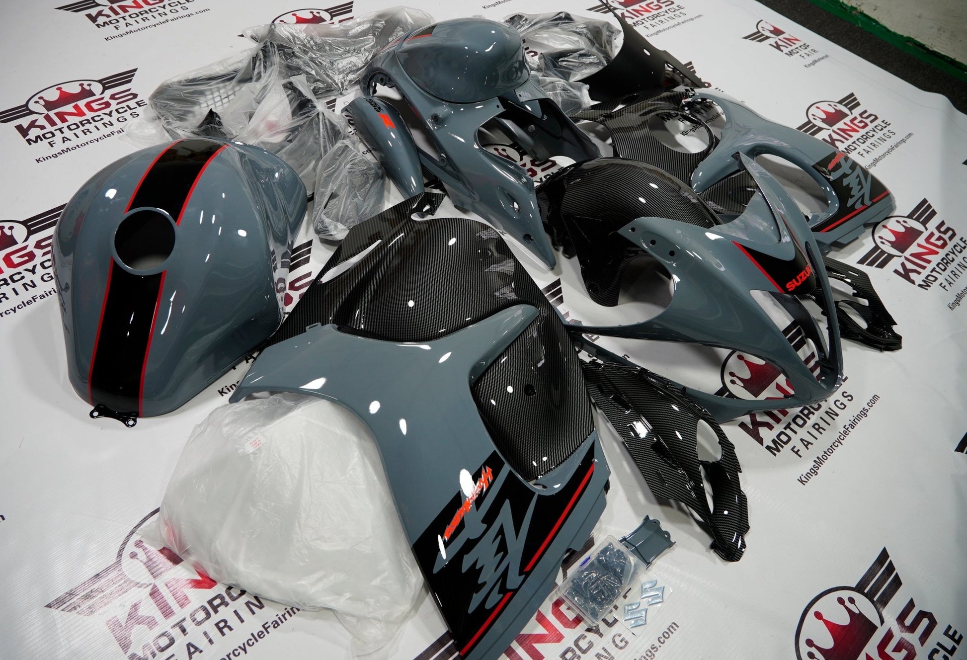 Suzuki GSX1300R Hayabusa Fairings (2008-2020) Nardo Gray, Carbon Fiber, Black, Red at KingsMotorcycleFairings.com