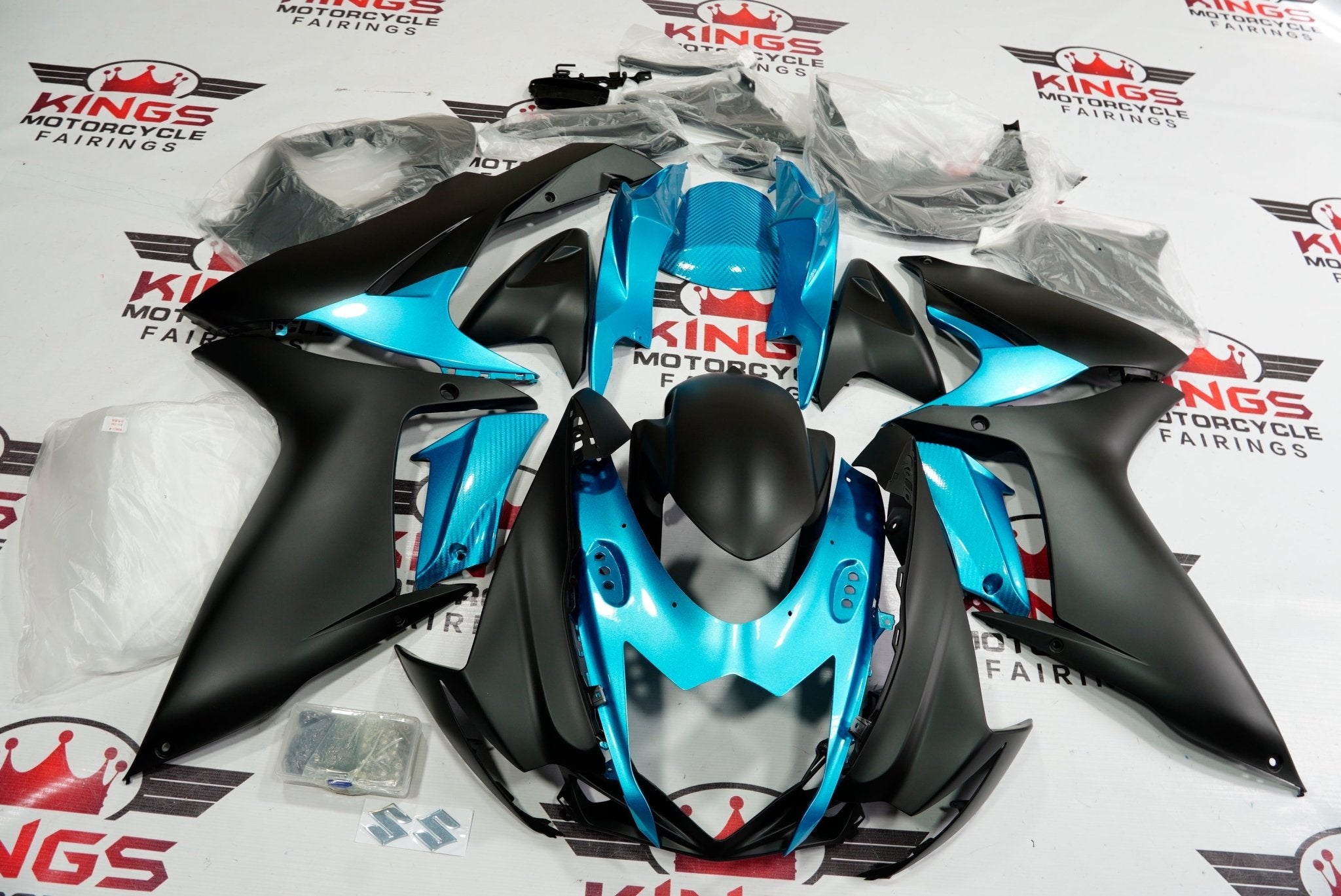 Suzuki GSXR600 Fairings (2011-2024) Matte Black, Turquoise Blue at KingsMotorcycleFairings.com 