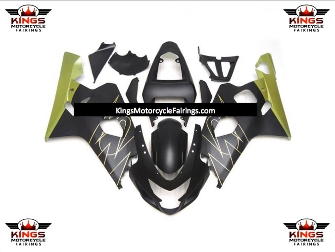 Suzuki GSXR 750 Fairings (2004-2005) Matte Black, Gold Tribal at KingsMotorcycleFairings.com
