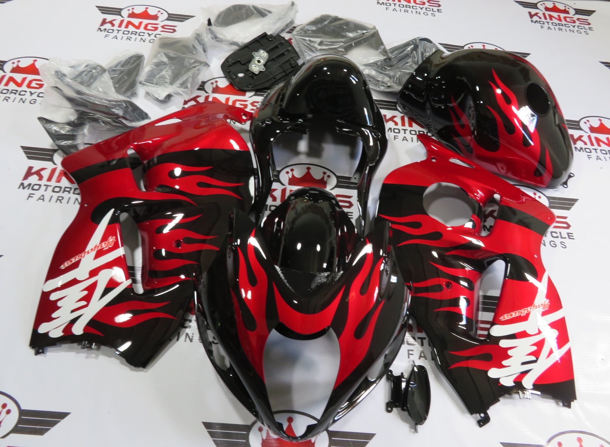 Suzuki Hayabusa Fairings (1999-2007) Candy Apple Red Flames, Black at KingsMotorcycleFairings.com