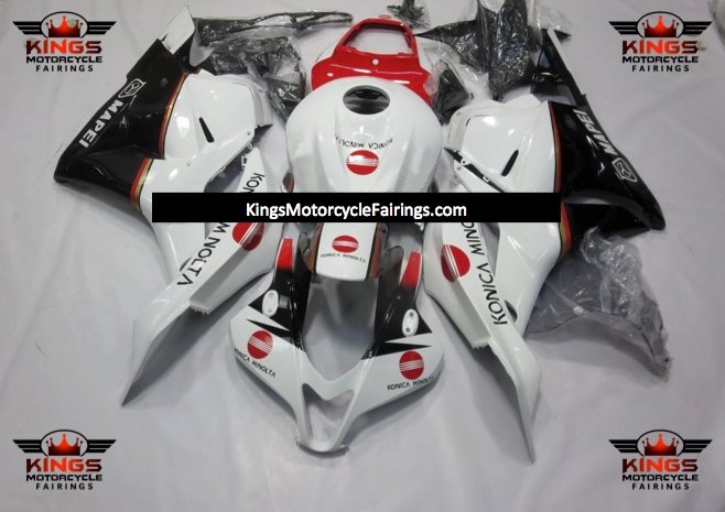 White, Black and Red Konica Minolta Fairing Kit for a 2009, 2010, 2011 & 2012 Honda CBR600RR motorcycle