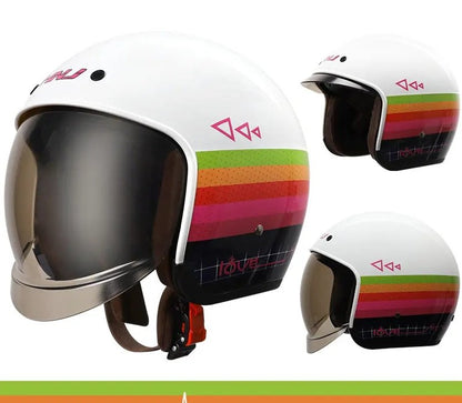 White Rainbow Striped Retro Motorcycle Helmet is brought to you by KingsMotorcycleFairings.com
