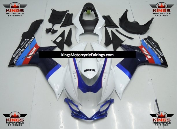 White, Blue, Red and Black Motul Fairing Kit for a 2011, 2012, 2013, 2014, 2015, 2016, 2017, 2018, 2019, 2020 & 2021 Suzuki GSX-R750 motorcycle