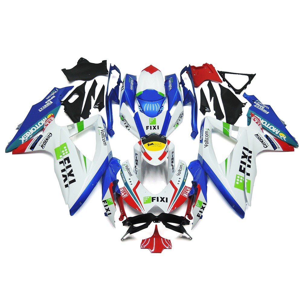 White, Blue, Red and Green Fixi Fairing Kit for a 2008, 2009, & 2010 Suzuki GSX-R600 motorcycle