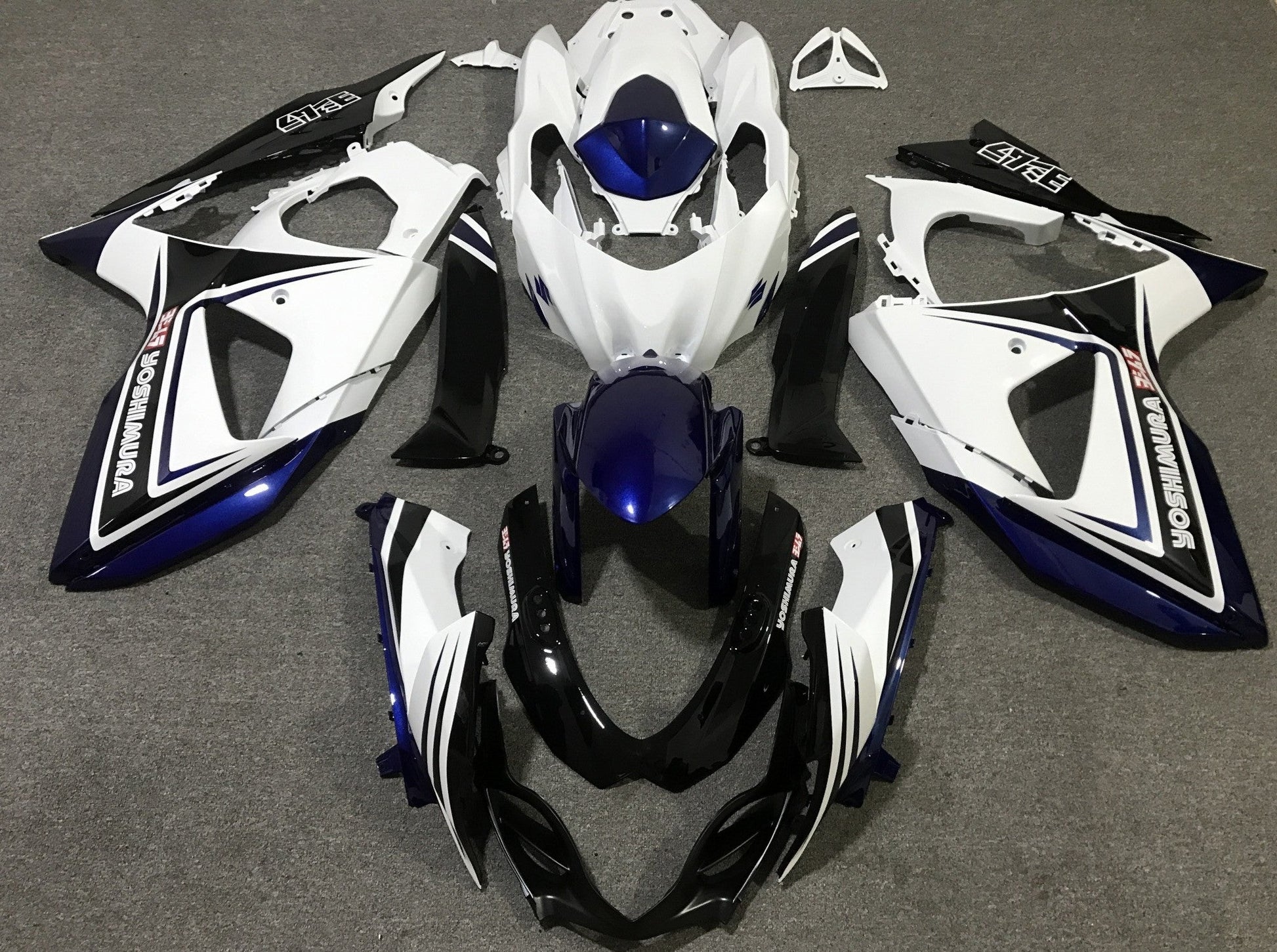 White, Blue and Black Yoshimura Fairing Kit for a 2009, 2010, 2011, 2012, 2013, 2014, 2015 & 2016 Suzuki GSX-R1000 motorcycle