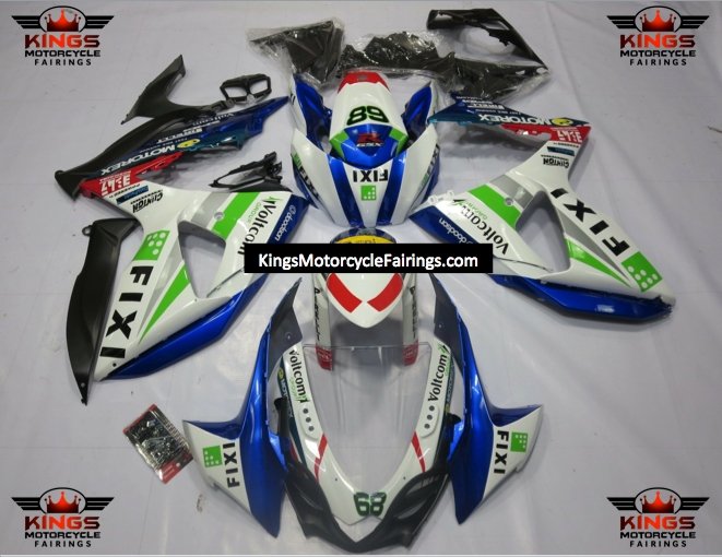 Suzuki GSXR1000 (2009-2016) White, Blue & Green Fixi Fairings