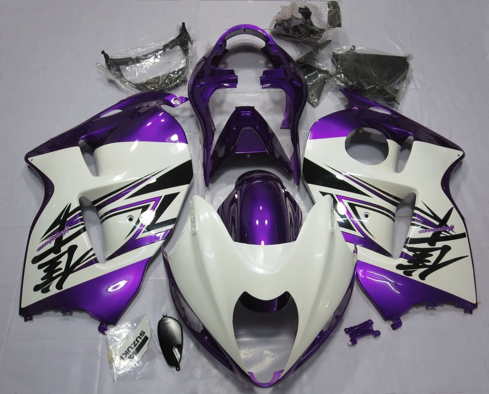White, Purple and Black Fairing Kit for a 1999, 2000, 2001, 2002, 2003, 2004, 2005, 2006, & 2007 Suzuki GSX-R1300 Hayabusa motorcycle