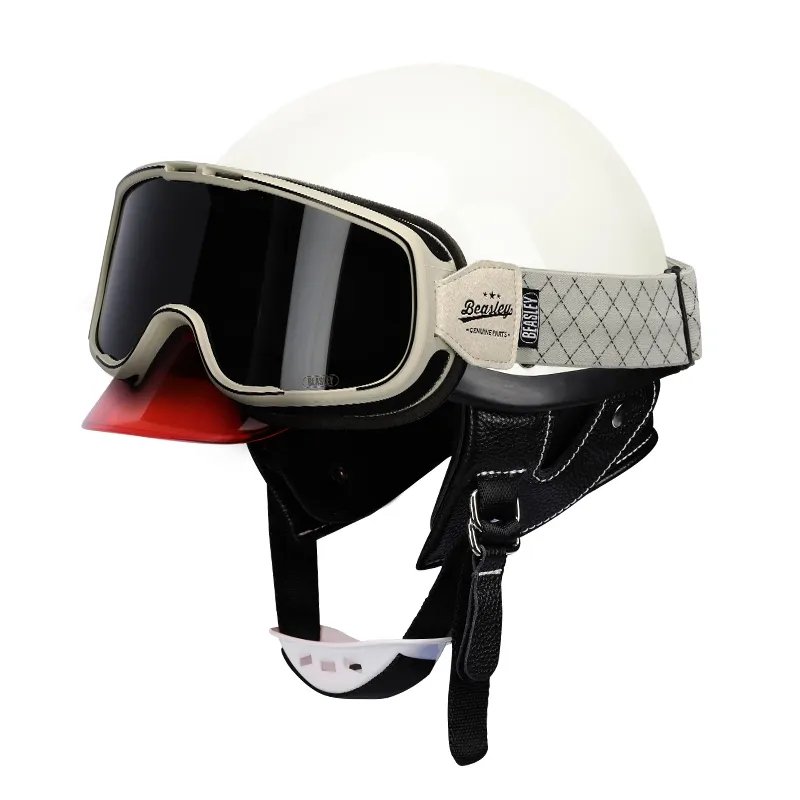 White & Red Retro Open Face 3/4 Beasley Motorcycle Helmet is brought to you by KingsMotorcycleFairings.com